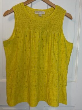 Michael Kors Women’s Sunshine Yellow Eyelet Tiered Smocked Tank Top, Size M